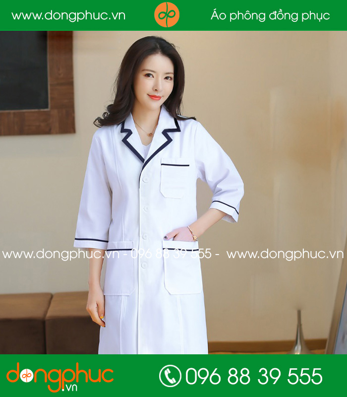 Áo blouse đồng phục y tá - Bác sĩ màu trắng cổ xanh đen